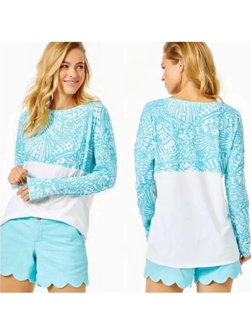 Lilly Pulitzer Finn Top Long Sleeve Succulent Blue Sea Cups Sz Large